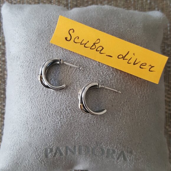 RARE Pandora Two-Tone 925 Silver 14K Gold Crossover Rope Hoop Huggie Earrings - Picture 6 of 12